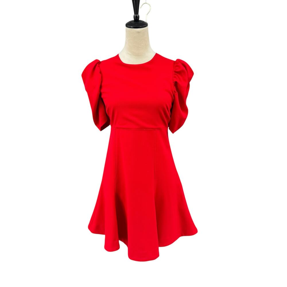 Karlie Red Cocktail Puff Sleeve Fit And Flare Invisible Zip Twill Mini Dress